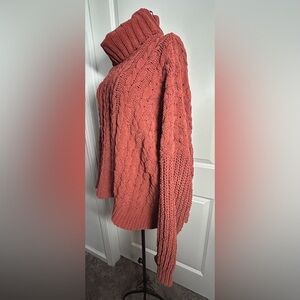 POL Knit Cable Oversized Turtleneck Sweater - Rust